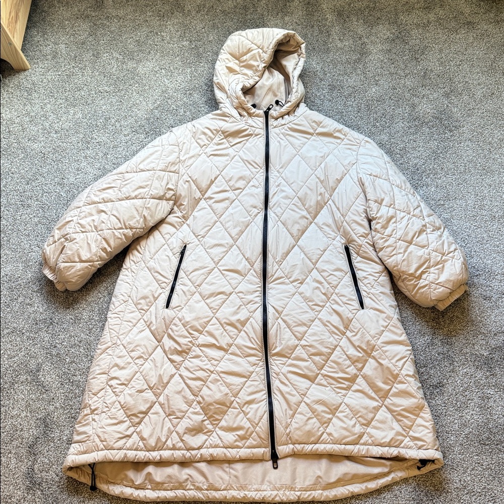Zara Beige Quilted cocoon lightweight hooded puffer jacket